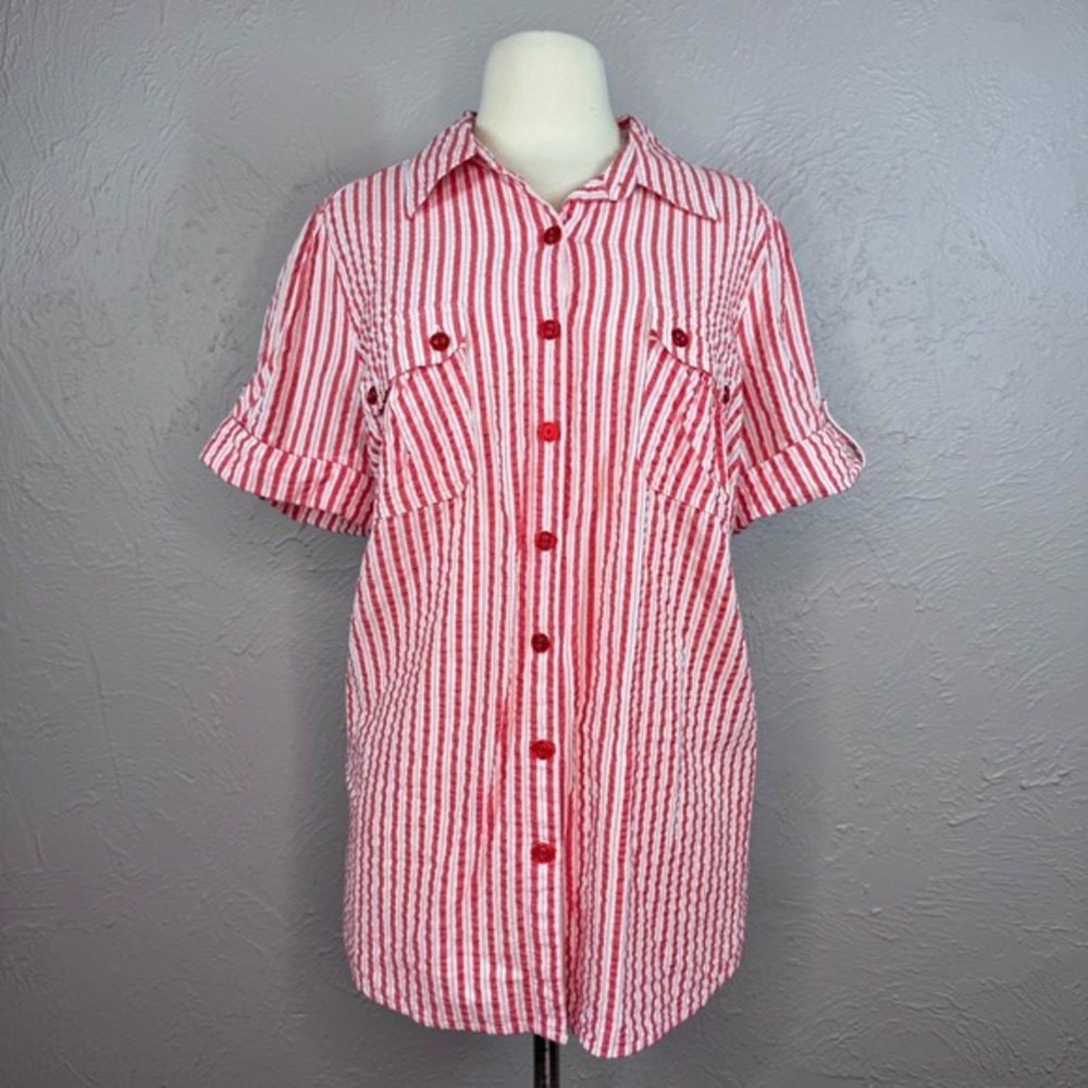 Vintage 18W Roaman's plus-size seersucker blouse red and white striped nautical